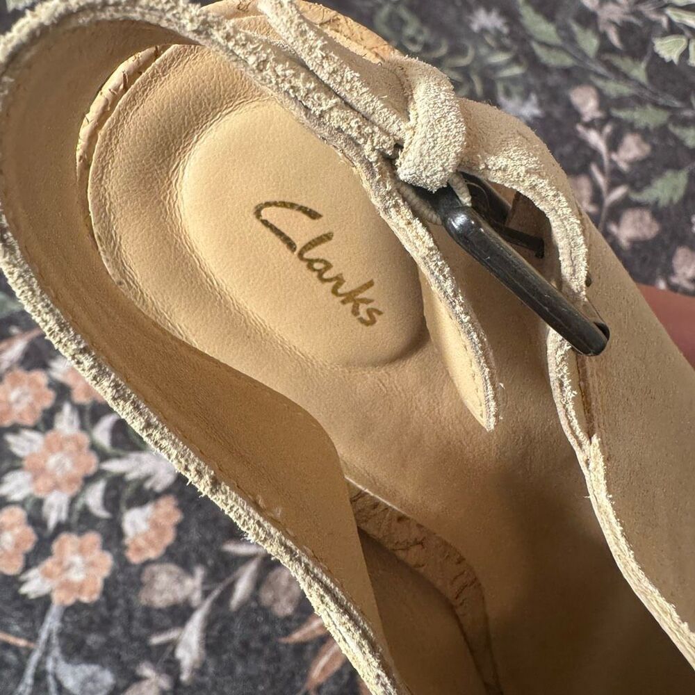 Clarks Women’s Pale Yellow Suede Wedge Sandals | Open Toe Slingback | Cork Wedge - Picture 3 of 9